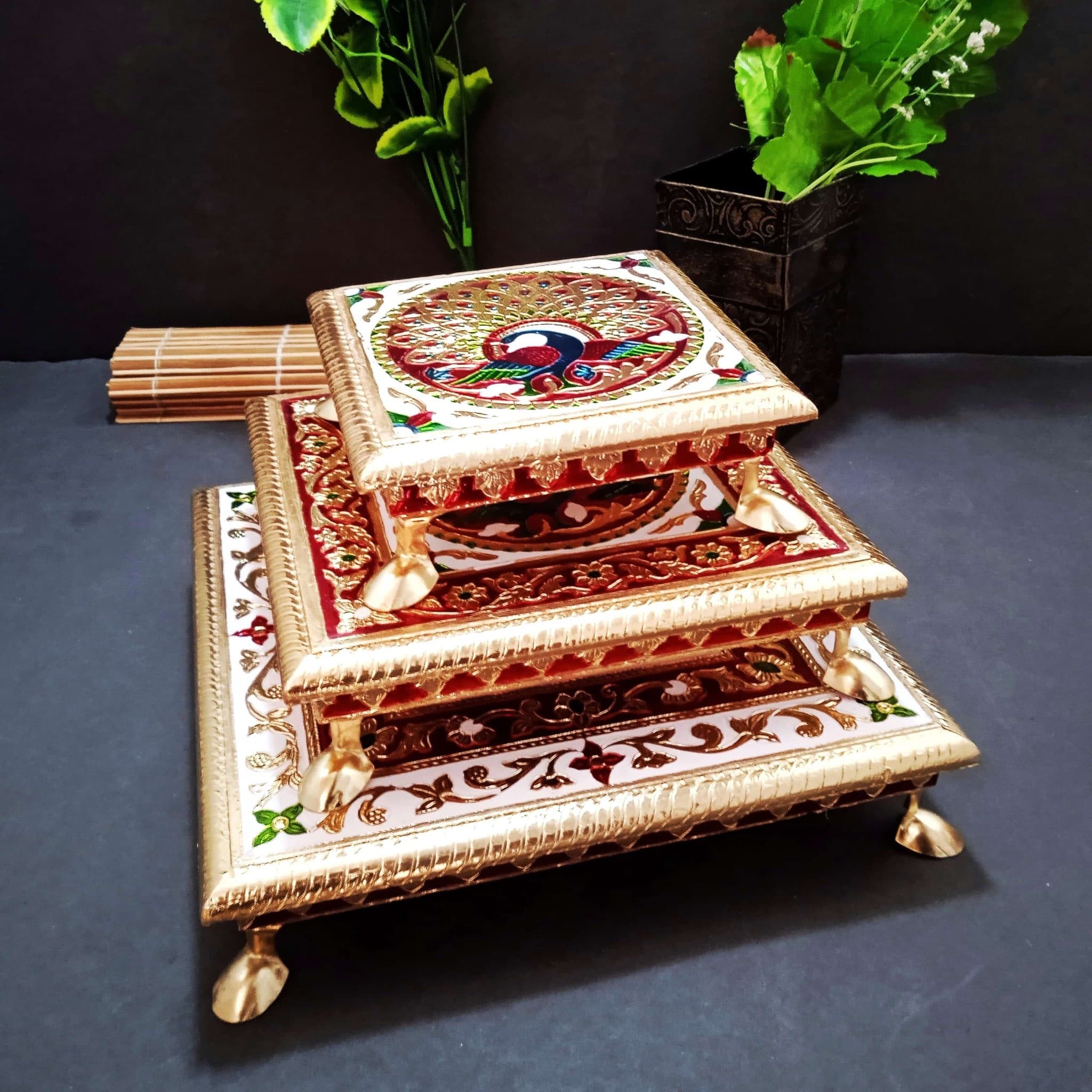 VastuCart® Wooden Puja Chowki With Meenakari Set of 3