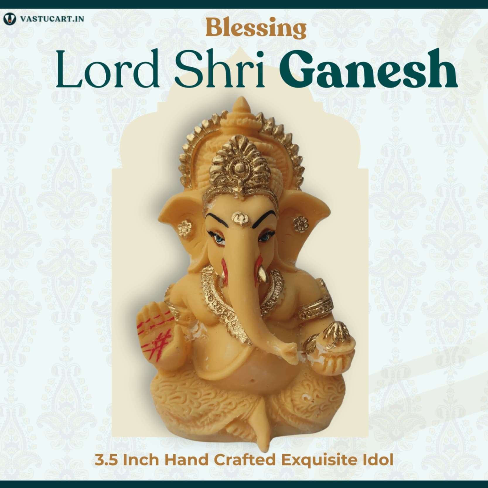 VastuCart Ganesh Ji Idol in Gold Yellow - VastuCart Blessing Pose Ganpati Bappa Statue - Resin and Marble Dust Murti for Home Puja, Mandir, Car Dashboard & Office Decor (3.5 In)